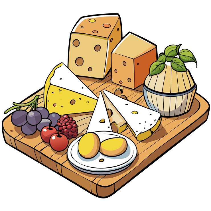 Vector vector de tabla de queso realista con quesos variados frutas y galletas para diseños de alimentos