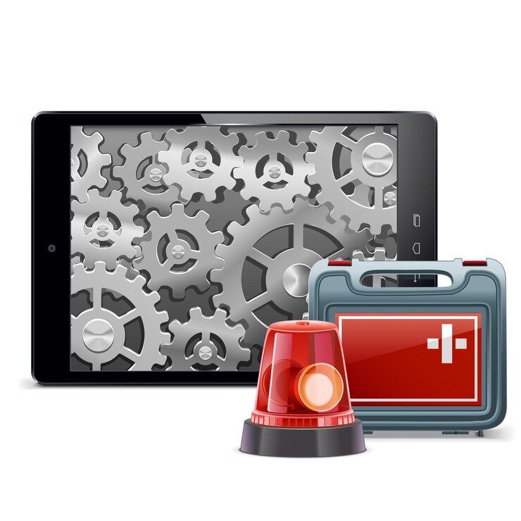 Vector vector tablet pc con kit de emergencia aislado sobre fondo blanco.