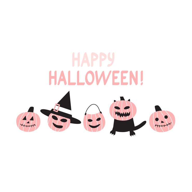 Vector tarjeta divertida de Halloween con calabazas lindas. Diseño de colores pastel.