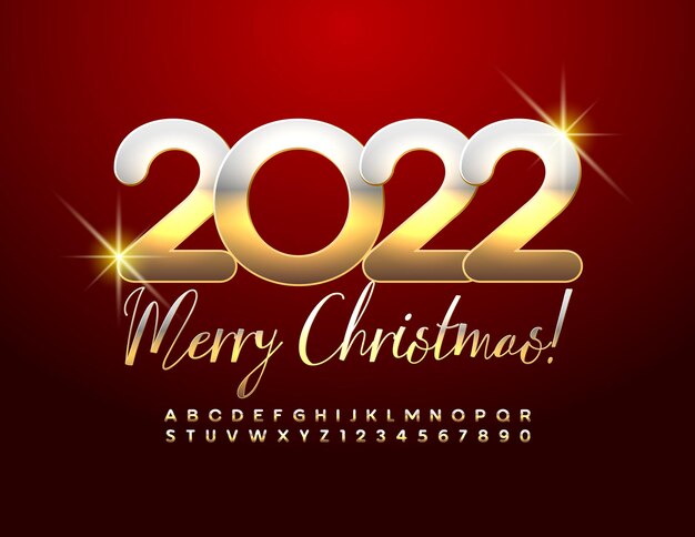 Vector tarjeta de felicitación brillante Feliz Navidad 2022 Elite alfabeto letras y números Gold Fon