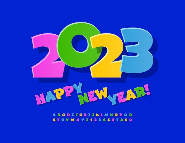 Vector vector tarjeta de felicitación juguetona ¡feliz año nuevo 2023! etiqueta engomada colorida fuente. letras del alfabeto divertidas