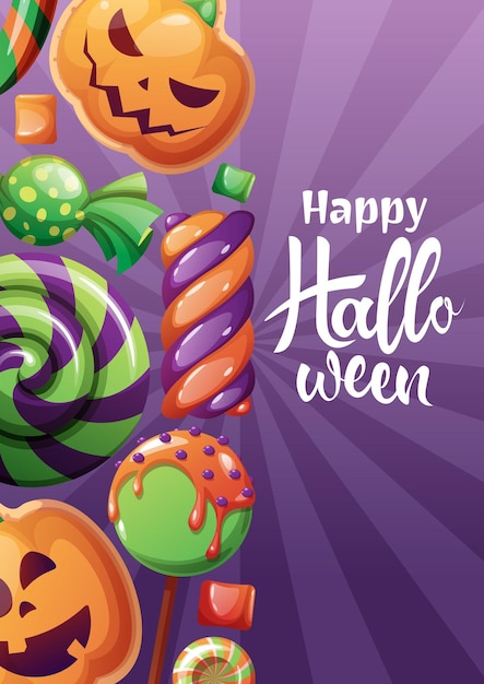 Vector vector tarjeta de halloween con dulces o invitación de fiesta invitación de fiesta truco o trato ilustración de dibujos animados