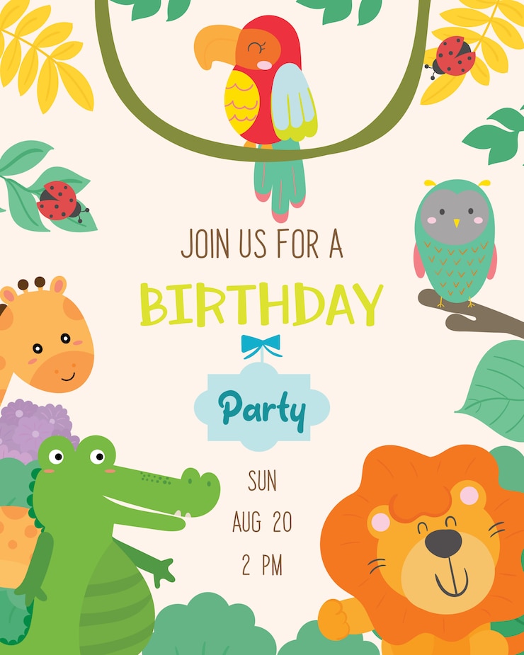 Vector vector de tarjeta de invitación de fiesta de cumpleaños de tema animal lindo.
