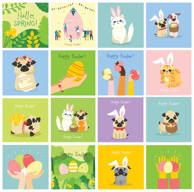 Vector tarjetas de Pascua con animales sosteniendo los huevos y texto dibujado a mano - Feliz Pascua en el estilo plano