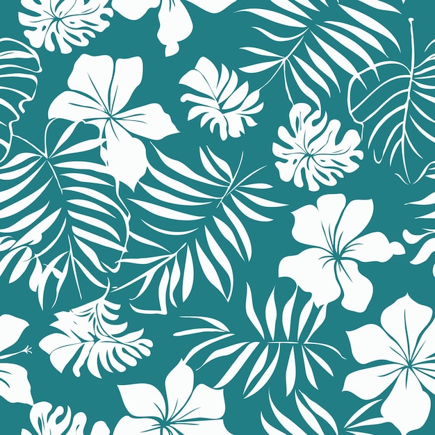 vector de teal y blanco patrón floral hawaiano con flores y hojas tropicales