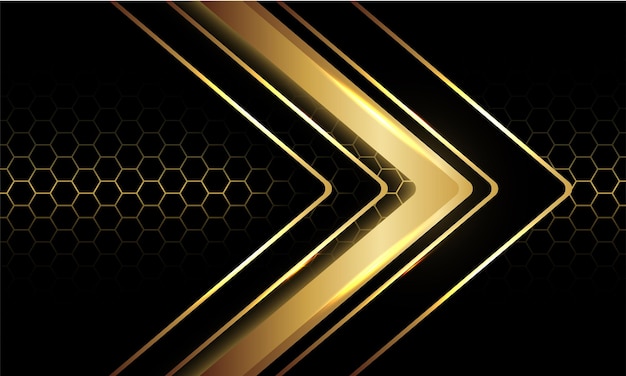 Vector de tecnología futurista de lujo de malla hexagonal geométrica de dirección de flecha negra de oro abstracto