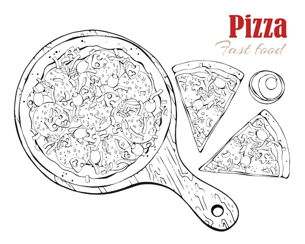 Vector. Tema de comida rápida: pizza en una tabla.