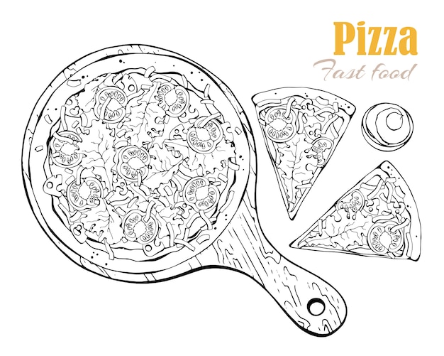 Vector. Tema de comida rápida: pizza en una tabla.