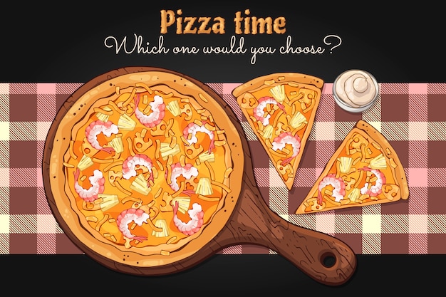 Vector. Tema de comida rápida: pizza en una tabla.
