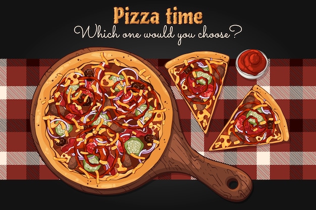 Vector. Tema de comida rápida: pizza en una tabla.