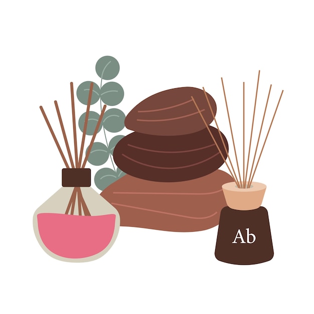 Vector temático de relajación con accesorios de meditación botella de aceite aromático difusores aromáticos masaje