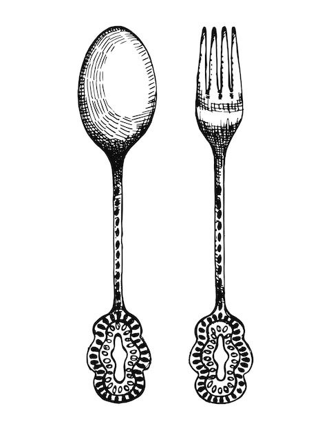 Vector de tenedor y cuchara vintage Ilustración de dibujo a mano de cubiertos