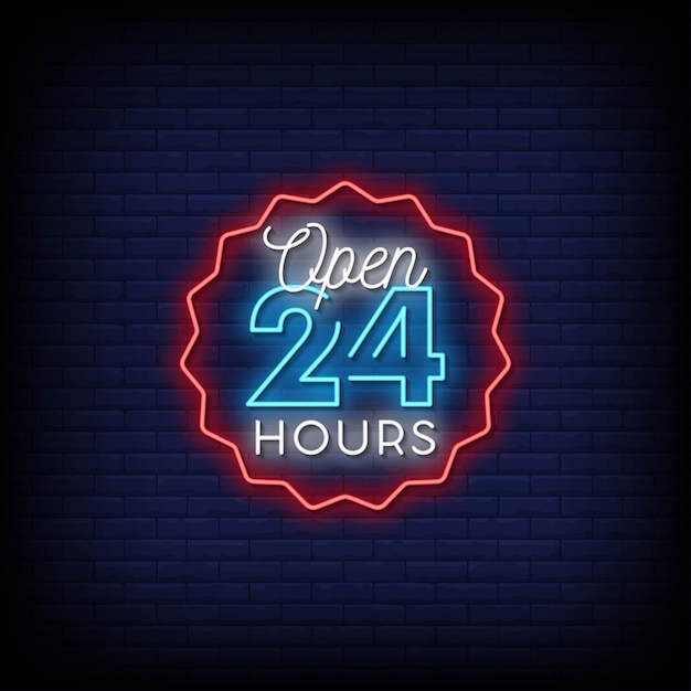 Vector de texto de estilo de letreros de neón abierto las 24 horas