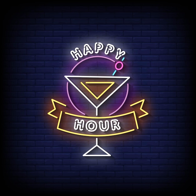 Vector de texto de estilo de letreros de neón de Happy Hour