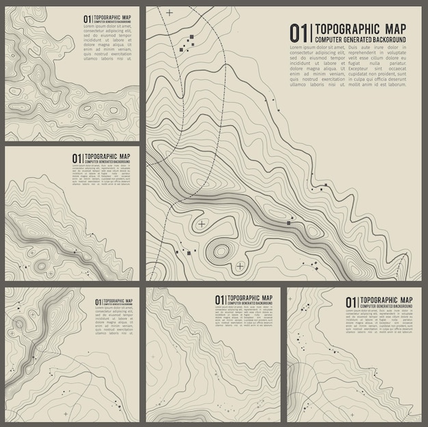 Vector de textura de patrón topográfico Conjunto Topografía de vector de contornos grises Ilustración de vector de topografía de montaña geográfica Mapa en terreno de vector de tierra Líneas de altura de contorno de gráfico de elevación