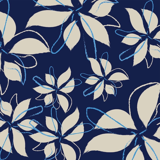 Un vector de textura de patrones de flores azules con un patrón sin costuras de estilo de sierra de arte textil azul oscuro