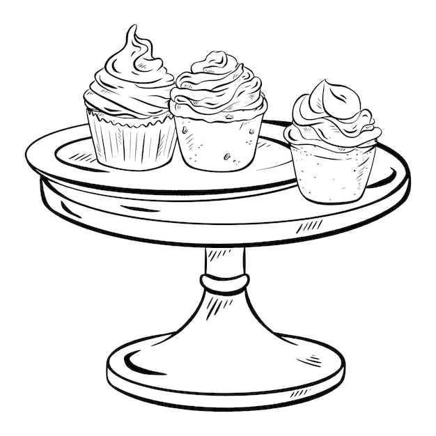 Vector de tinta dibujado a mano Composición de tinta tres muffins únicos en un soporte y plato Delicioso