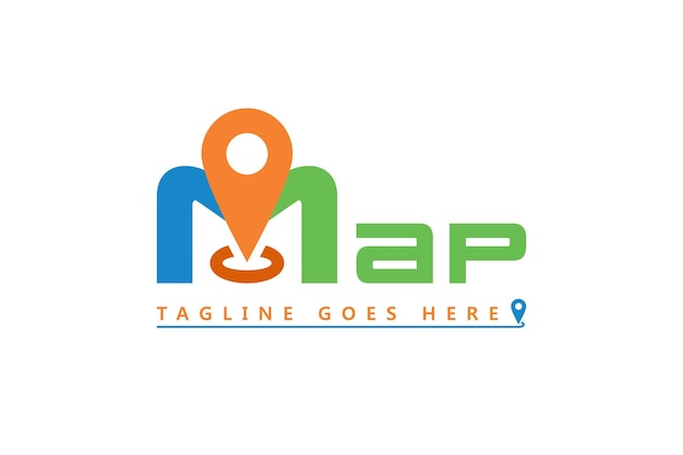 Vector de tipografía de mapa de letra M para diseño de logotipo de aplicación de mapa GPS, logotipo de mapa con ubicación de punto de pin