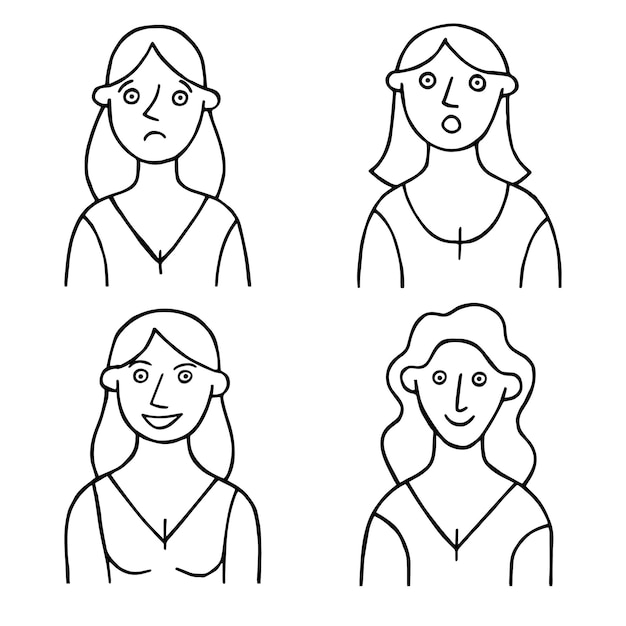 vector todavía garabato dibujando personas con diferentes emociones caras de mujeres sonriendo triste sorprendida