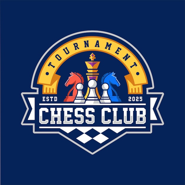 Vector de torneo de ajedrez y logotipo del club en fondo oscuro