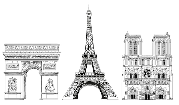 Vector vector de la torre eiffel, el arco del triunfo y la catedral de notre dame ilustración de dibujo a mano alzada.