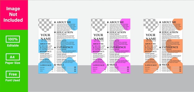 Vector totalmente editable a4 CV conjunto de tres colores diseño de plantilla de CV