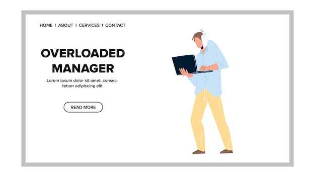 Vector de trabajo duro de empresario Gerente sobrecargado. Gerente sobrecargado hablando con el socio y buscando información en la computadora portátil. Ilustración de dibujos animados planos de comunicación y trabajo de carácter web