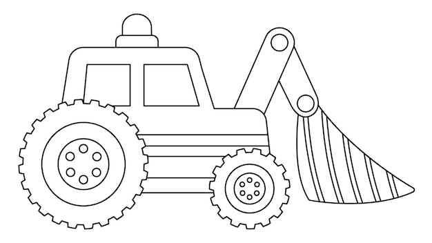 Vector tractor blanco y negro con pala icono de línea de trabajo en carretera de construcción Edificio clip de transporte Ilustración especial de transporte Cute página de colorear excavadora para niños