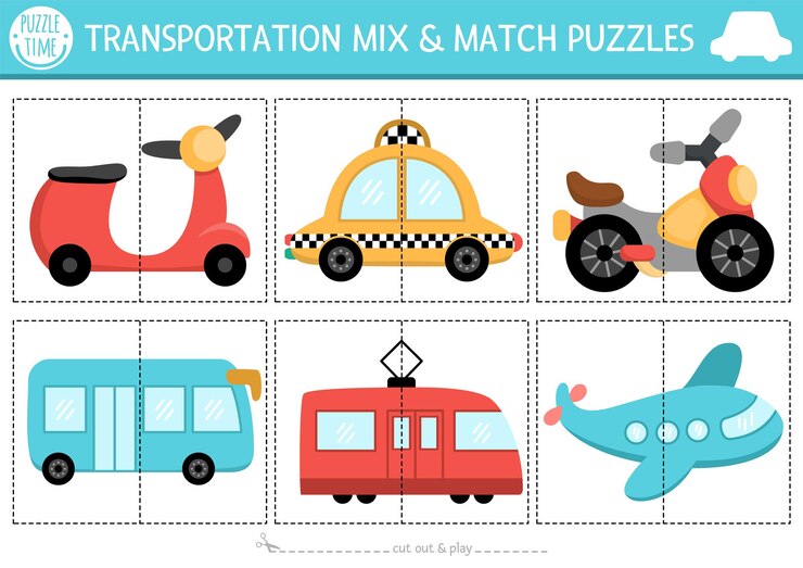 Vector vector transporte mezcla y empareja rompecabezas con lindo scooter taxi autobús tranvía avión motocicleta actividad de transporte correspondiente para niños en edad preescolar juego educativo de vehículos urbanos imprimibles xa