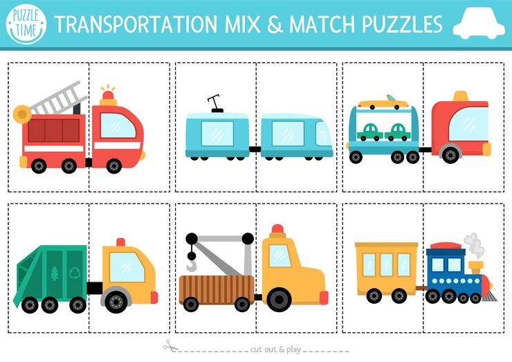 Vector vector transporte mezclar y emparejar rompecabezas con camiones y trenes lindos actividad de transporte para niños en edad preescolar con camions y remolques juego educativo de vehículos urbanos imprimibles xa