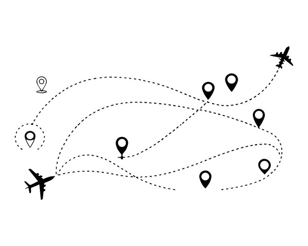 Vector de trayectoria de la línea de vuelo del avión en líneas punteadas rutas de vuelo d
