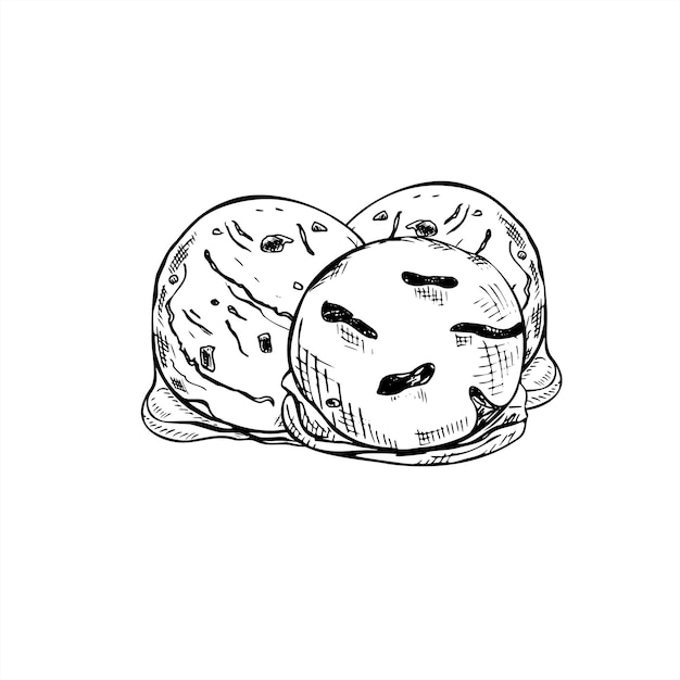 Vector tres bolas de helado dibujado a mano boceto ilustración en estilo monocromático Negro y blanco vainilla chocolate cucharas de fresa grabado dibujo para el diseño de verano menús de postres marca de alimentos