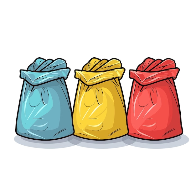 Vector de tres bolsas de colores sobre un fondo completamente blanco