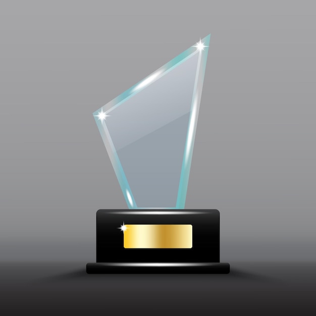 Vector de trofeo de vidrio Detalle de la placa de oro Reflexiones de luz brillante Fondo de gradiente gris