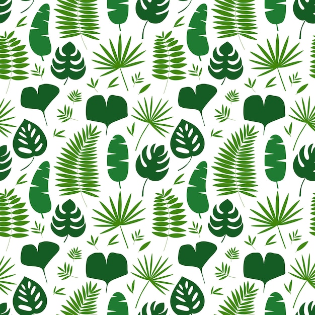 Vector tropical y hojas de la selva patrón sin costuras Patrón plano de diferentes hojas Monstera hoja de palma de plátano hoja de palma de ventilador y ginkgo biloba