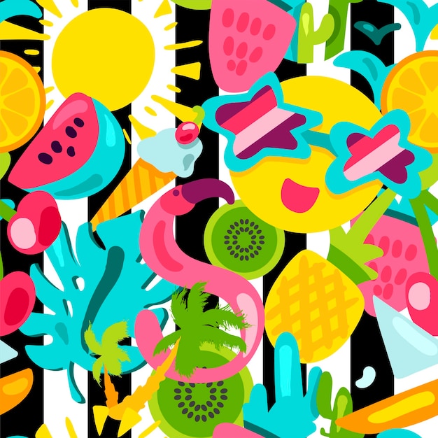 Vector Tropical Summer Seamless Pattern en estilo doodle con forma. Frutas y bayas. Diseño de adorno dulce de moda de niña. Bonito fondo de dibujos animados. Envoltura divertida