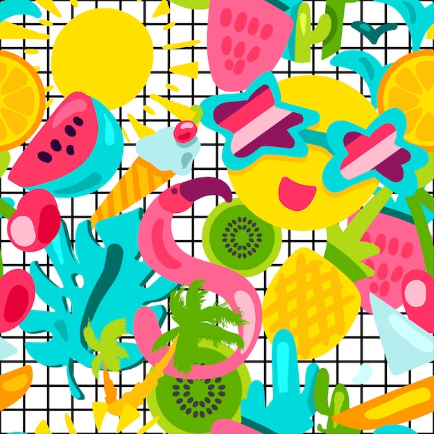 Vector Tropical Summer Seamless Pattern en estilo doodle con forma. Frutas y bayas. Diseño de adorno dulce de moda de niña. Bonito fondo de dibujos animados. Envoltura divertida