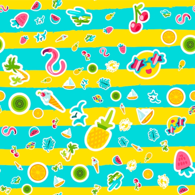 Vector Tropical Summer Seamless Pattern en estilo doodle con forma. Frutas y bayas. Diseño de adorno dulce de moda de niña. Bonito fondo de dibujos animados. Envoltura divertida