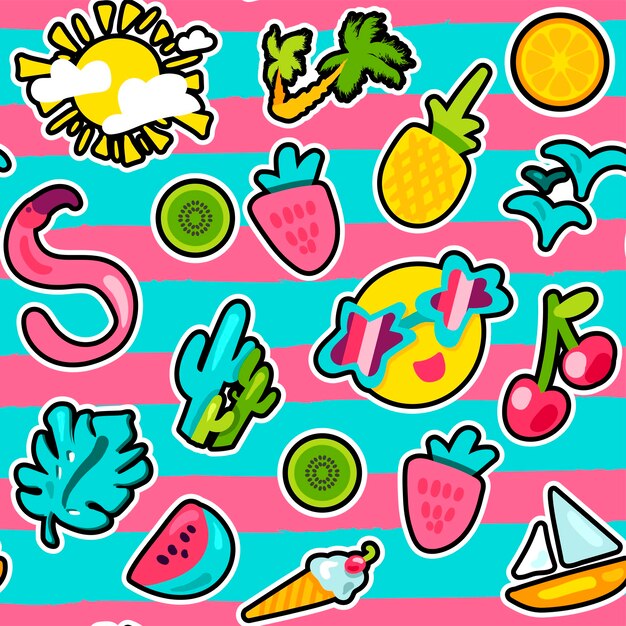 Vector, tropical, verano, seamless, patrón, en, garabato, estilo, con, forma, frutas, y, bayas, niña, moda, dulce, ornamento, diseño, agradable, caricatura, plano de fondo, divertido, envoltura