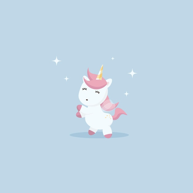 Vector de unicornio blanco con cuerno bailando y unicornio feliz en el fondo