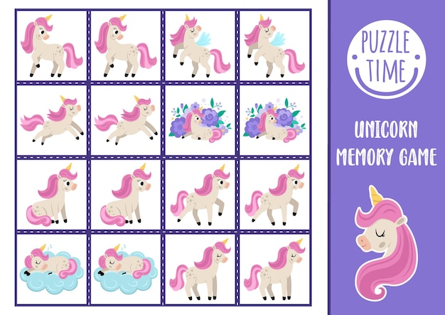 Vector unicornio cartas de juego de memoria actividad de coincidencia mundo de fantasía mágica recordar y encontrar la tarjeta correcta cuento de hadas hoja de trabajo imprimible para niños con bonita princesa pony con melena rosa y cuerno xA