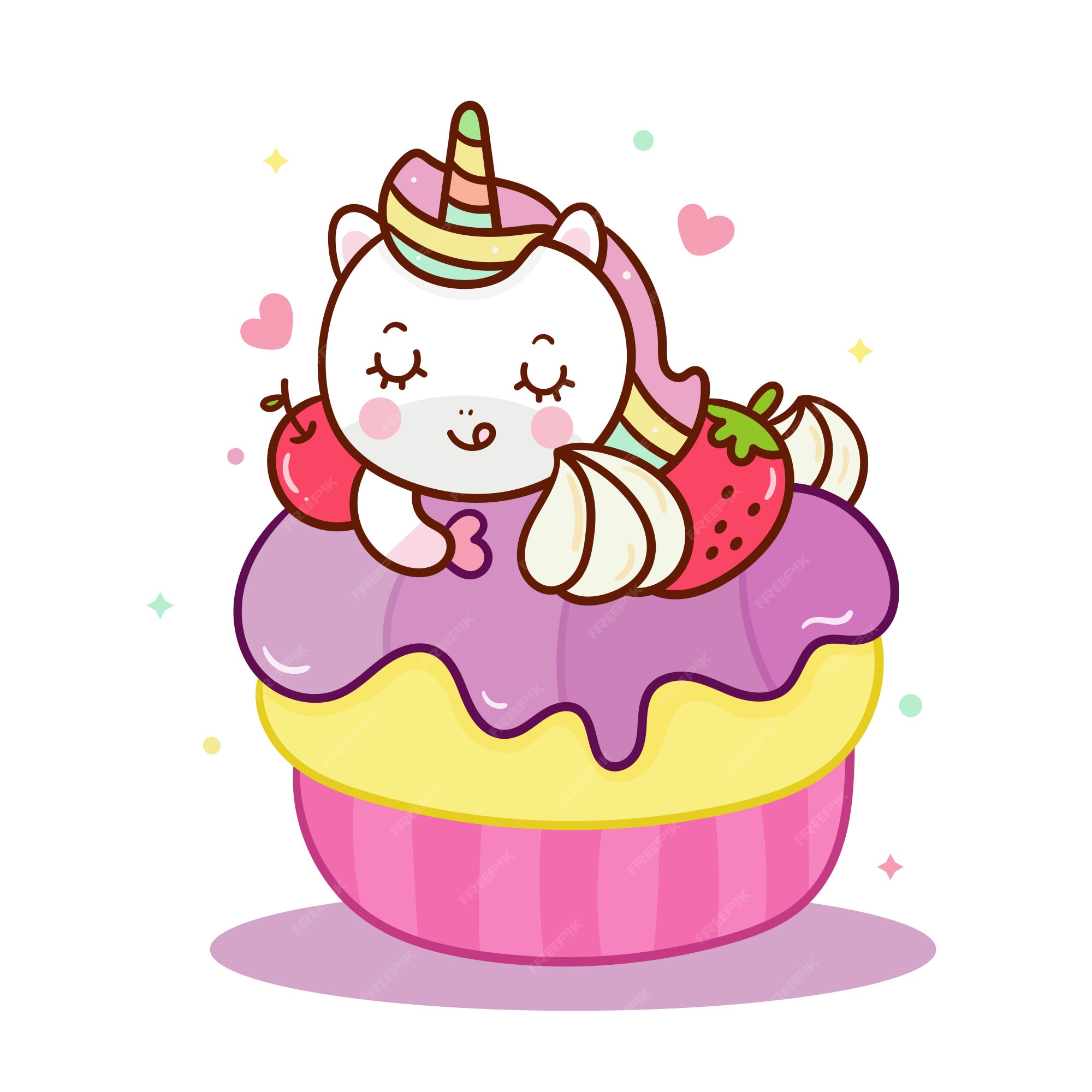 Vector de unicornio kawaii comiendo cupcake | Vector Premium