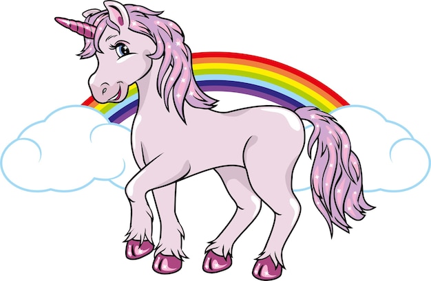 Vector unicornio sonriente sobre un fondo de arco iris