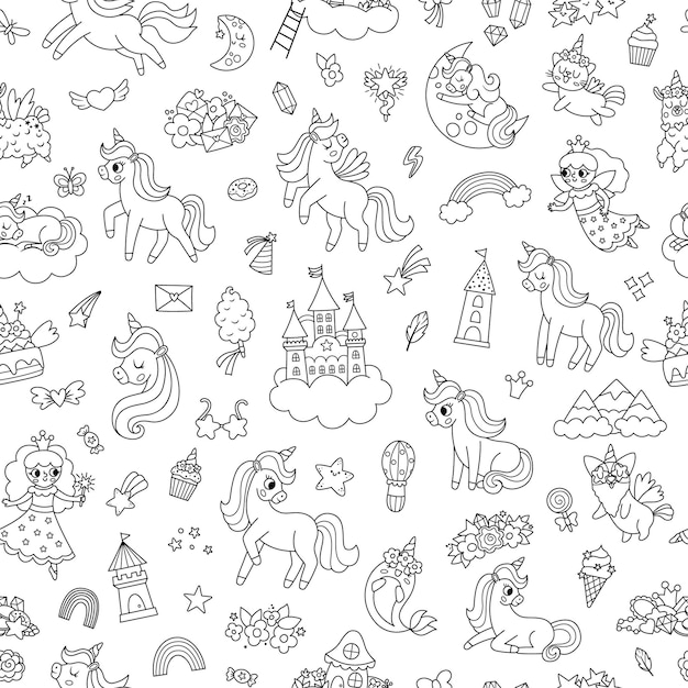 Vector unicornios blancos y negros patrón sin costuras Repite el fondo con personajes de cuentos de hadas animales con cuernos arco iris estrella caída cristal mundo de fantasía papel digital con castillo princesa lunaxA
