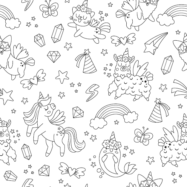 Vector unicornios blancos y negros patrón sin costuras Repite el fondo con personajes de cuentos de hadas animales con cuernos arco iris estrella caída cristal mundo de fantasía papel digital con gracioso gato llama narvalxA