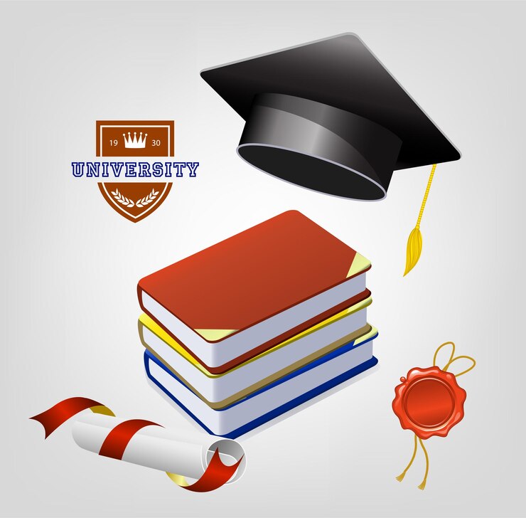 Vector vector universidad banner 3d cap libros e iconos de diploma