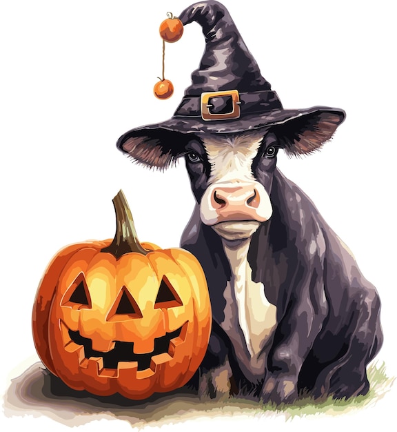 vector, vaca, con, sombrero, calabaza de halloween, y, vaca, sombrero anaranjado, con, vaca, y, jack o linterna, vector, blanco, plano de fondo