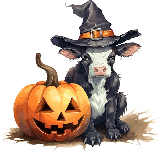 vector, vaca, con, sombrero, calabaza de halloween, y, vaca, sombrero anaranjado, con, vaca, y, jack o linterna, vector, blanco, plano de fondo