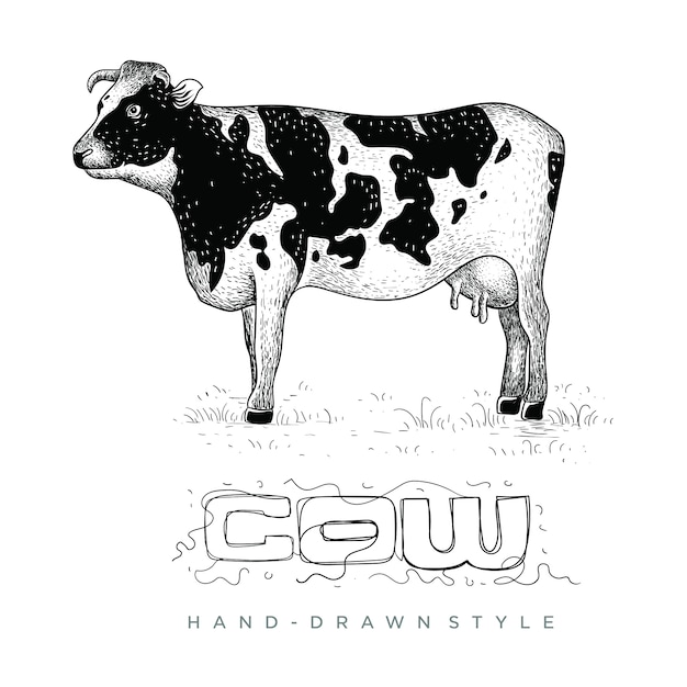 vector de vacas en la hierba, ilustración de animales dibujados a mano
