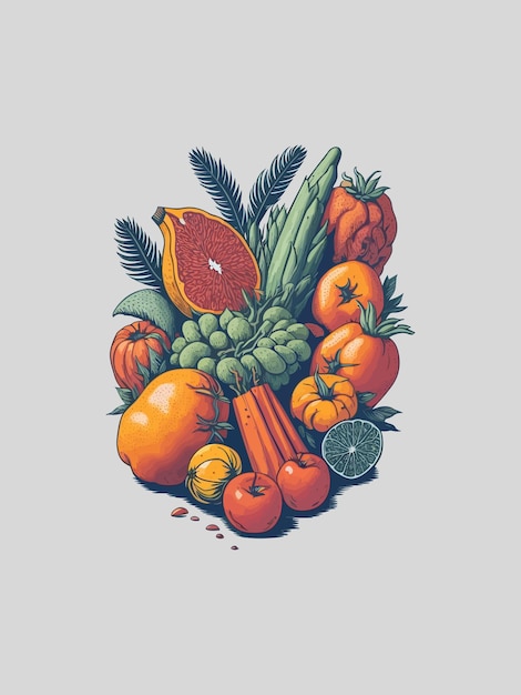 Vector de varias frutas y verduras en un arreglo colorido